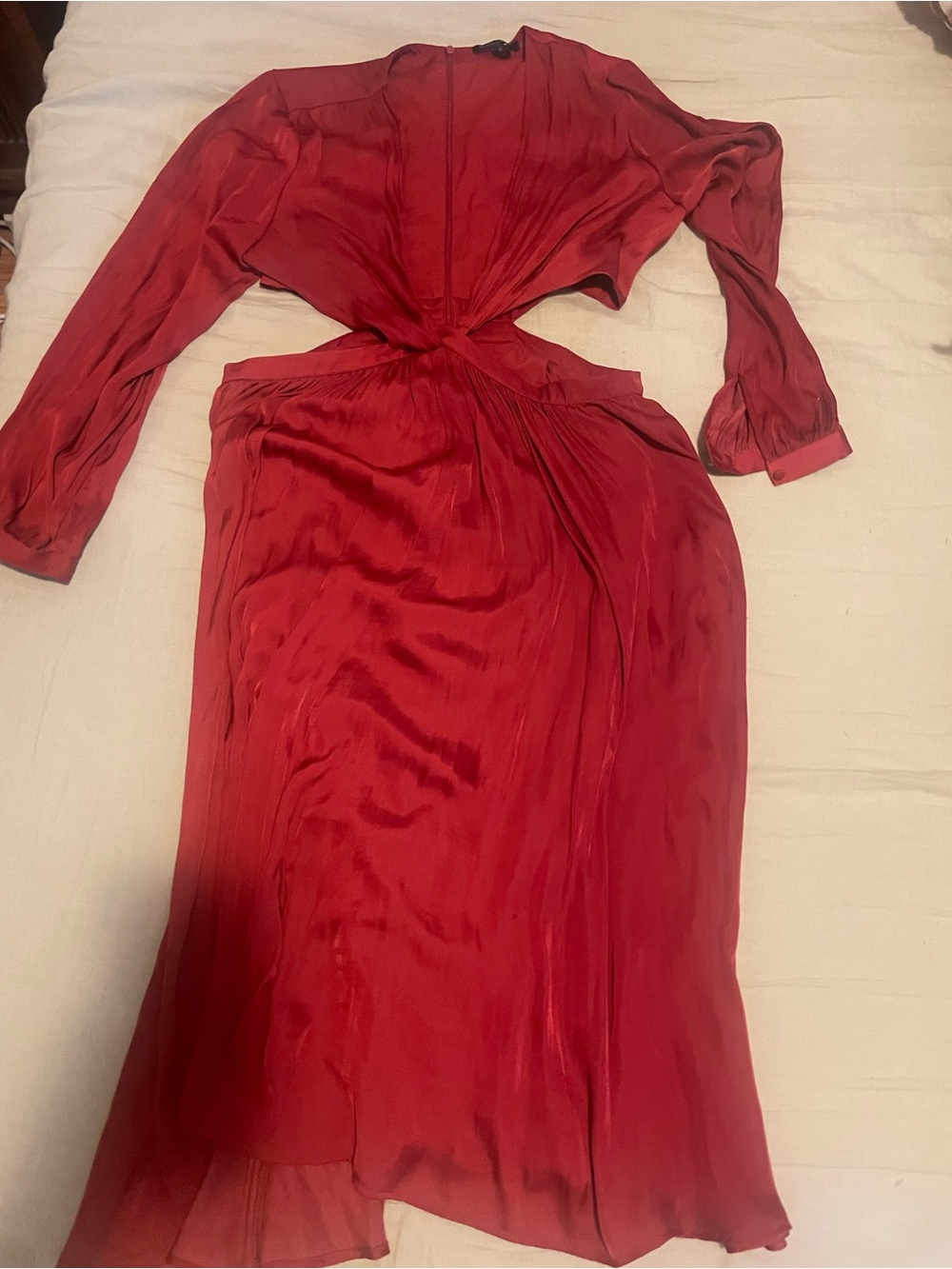 Women's Red Twist-Front Long Sleeve Midi Dress
